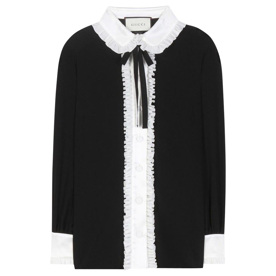 GUCCI black & off-white silk RUFFLED BOW Blouse Shirt 38 XS