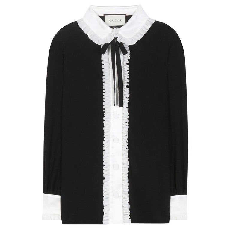 GUCCI black and off-white silk RUFFLED BOW Blouse Shirt 38 XS For Sale at  1stDibs