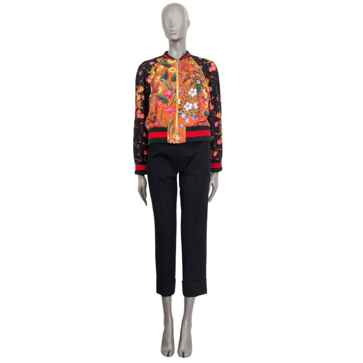 100% authentic Gucci 'Loved Panther' bomber jacket in black, pink, green, red, orange, creme silk (100%) with raglan sleeves (sleeve measurements taken from the neck). Duchesse rib knit trim in green and red along the neck, cuffs and bottom hem.