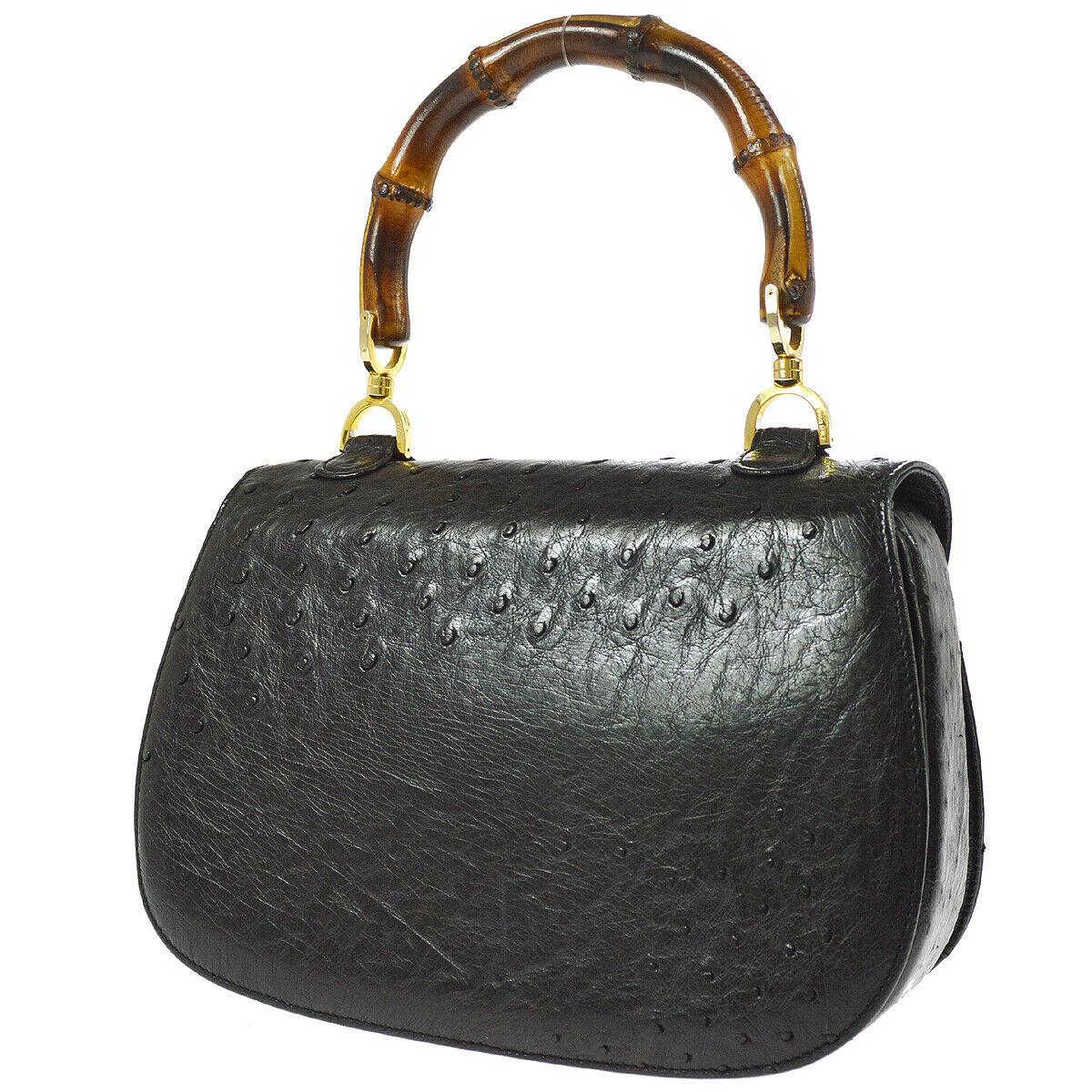 Women's Gucci Black Ostrich Bamboo Mini Kelly Style Top Handle Satchel Evening Bag 