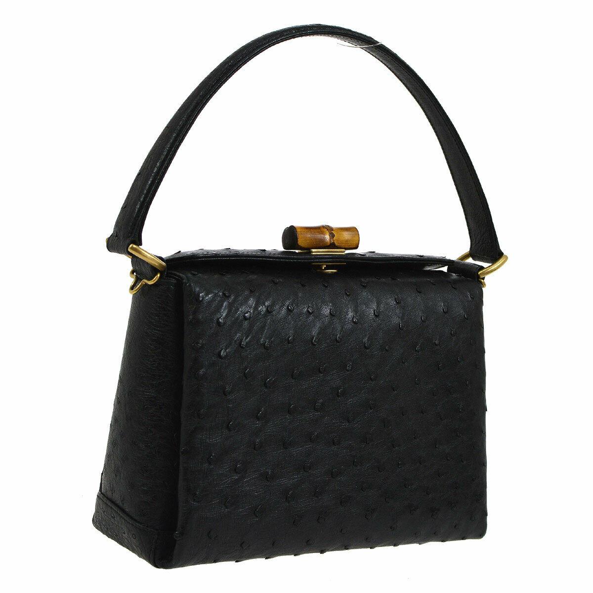 Women's Gucci Black Ostrich Bamboo Mini Kelly Style Top Handle Satchel Shoulder Bag 