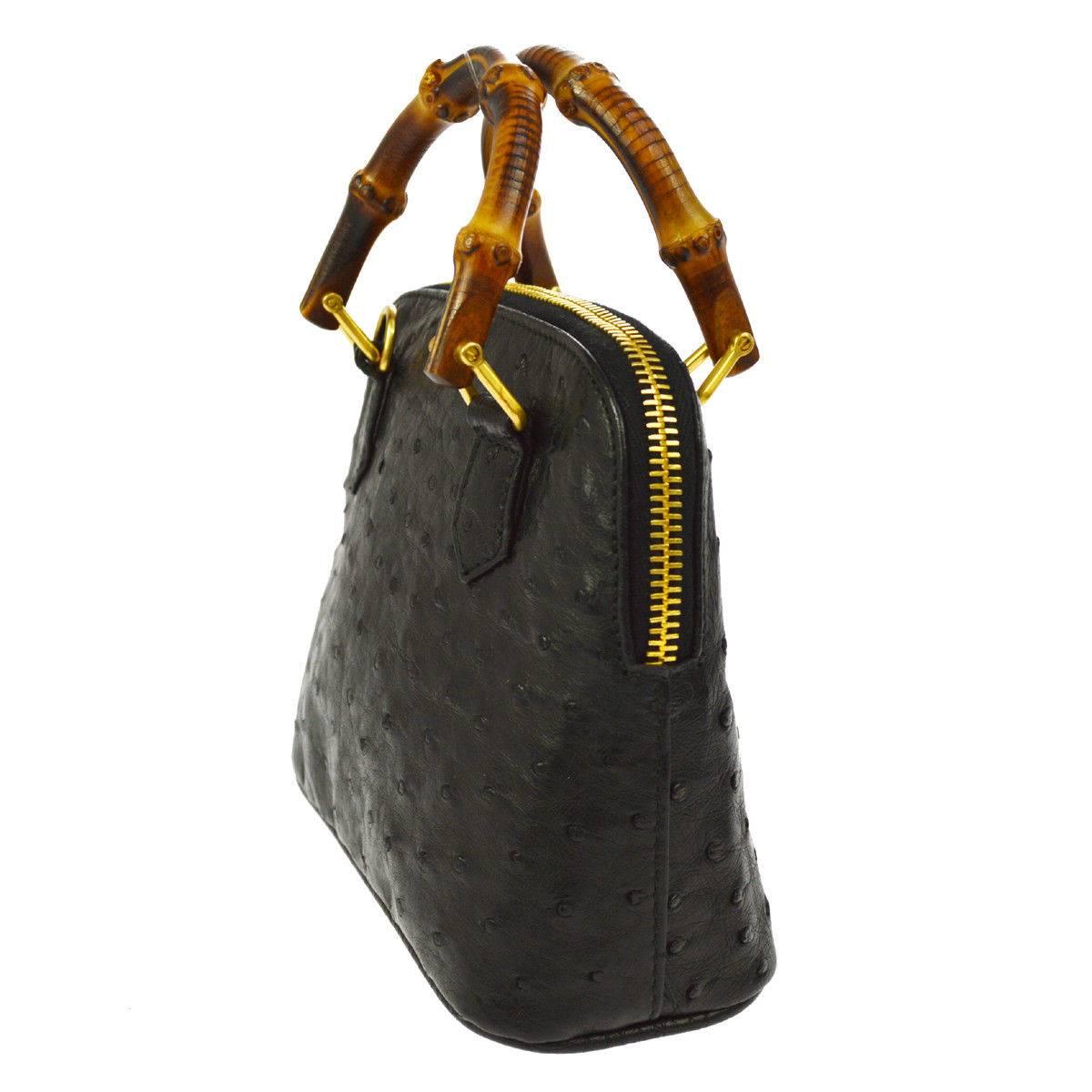 Women's GUCCI Black Ostrich Leather Bamboo Gold Mini Top Handle Satchel Shoulder Bag