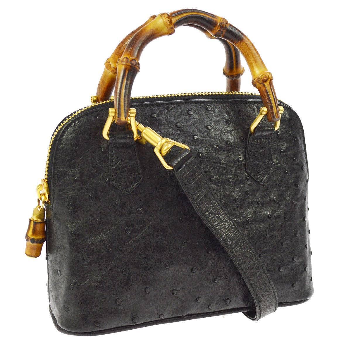 GUCCI Black Ostrich Leather Bamboo Gold Mini Top Handle Satchel Shoulder Bag