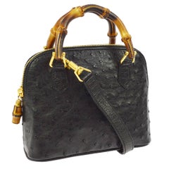 Vintage GUCCI Black Ostrich Leather Bamboo Gold Mini Top Handle Satchel Shoulder Bag