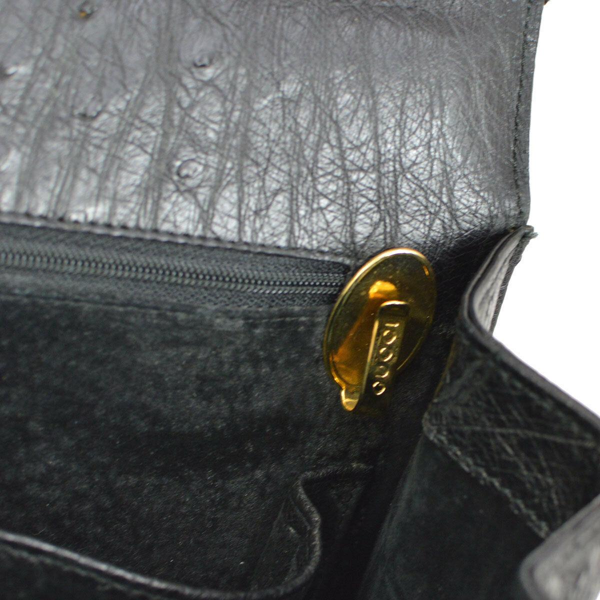 Women's Gucci Black Ostrich Leather Kelly Style Top Handle Satchel Shoulder Bag & Keys