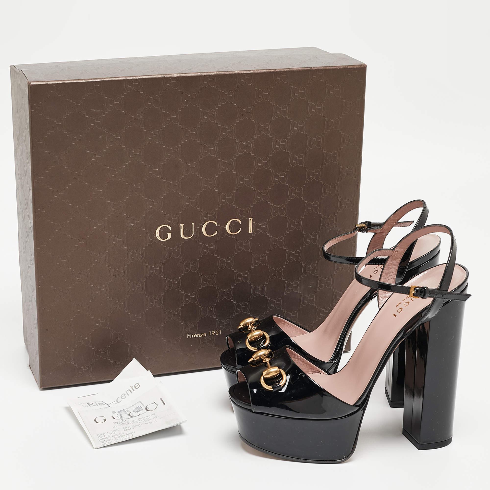 Gucci Black Patent Claudie Ankle Strap Sandals Size 36.5 In Excellent Condition In Dubai, Al Qouz 2