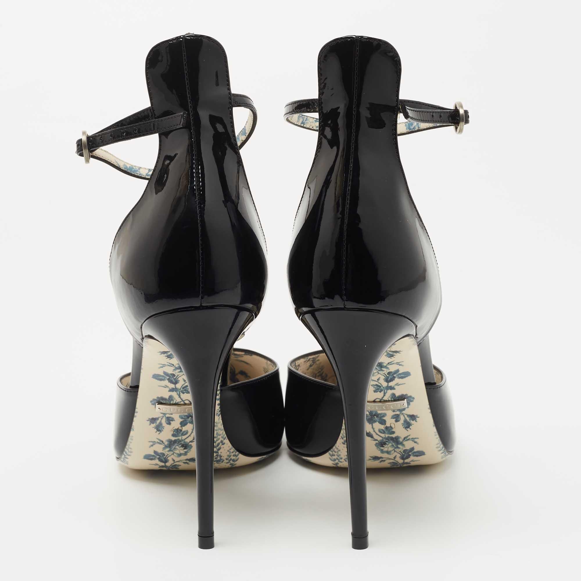 Gucci Black Patent Daisy Ankle Strap Pumps Size 40 For Sale 3