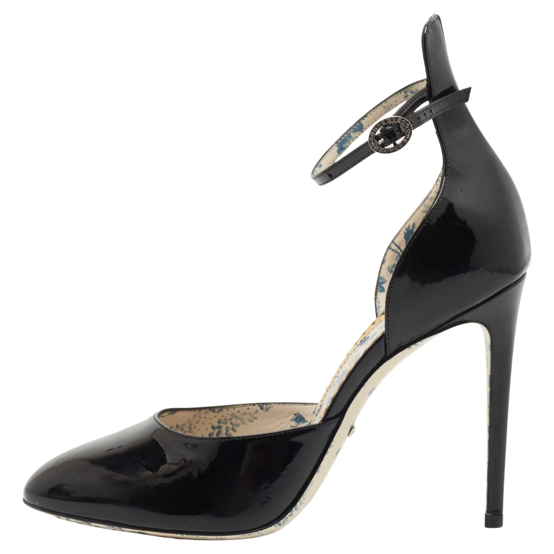 Gucci Black Patent Daisy Ankle Strap Pumps Size 40 For Sale