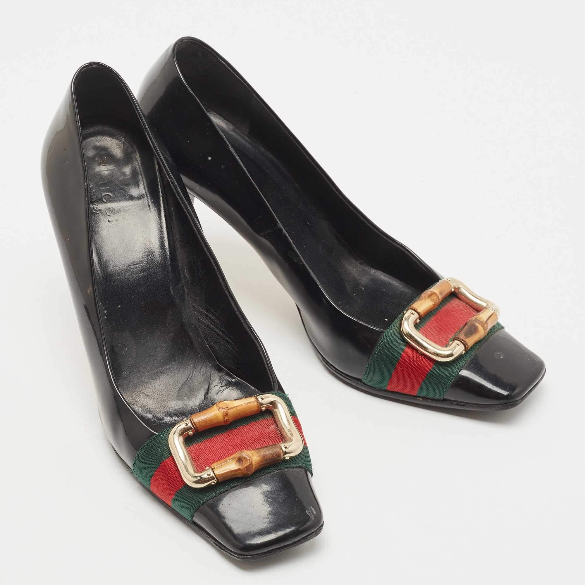 Women's Gucci Black Patent Leather and Canvas Web Bamboo Buckle Pumps Size 36 For Sale