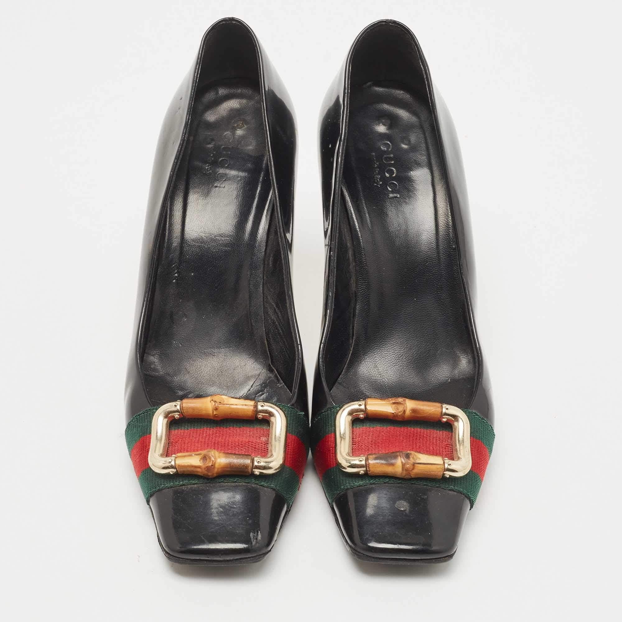 Gucci Black Patent Leather and Canvas Web Bamboo Buckle Pumps Size 36 For Sale 1