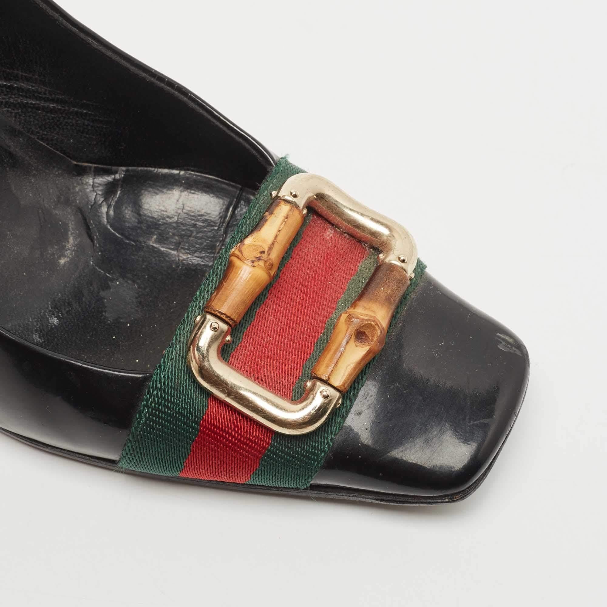 Gucci Black Patent Leather and Canvas Web Bamboo Buckle Pumps Size 36 For Sale 4