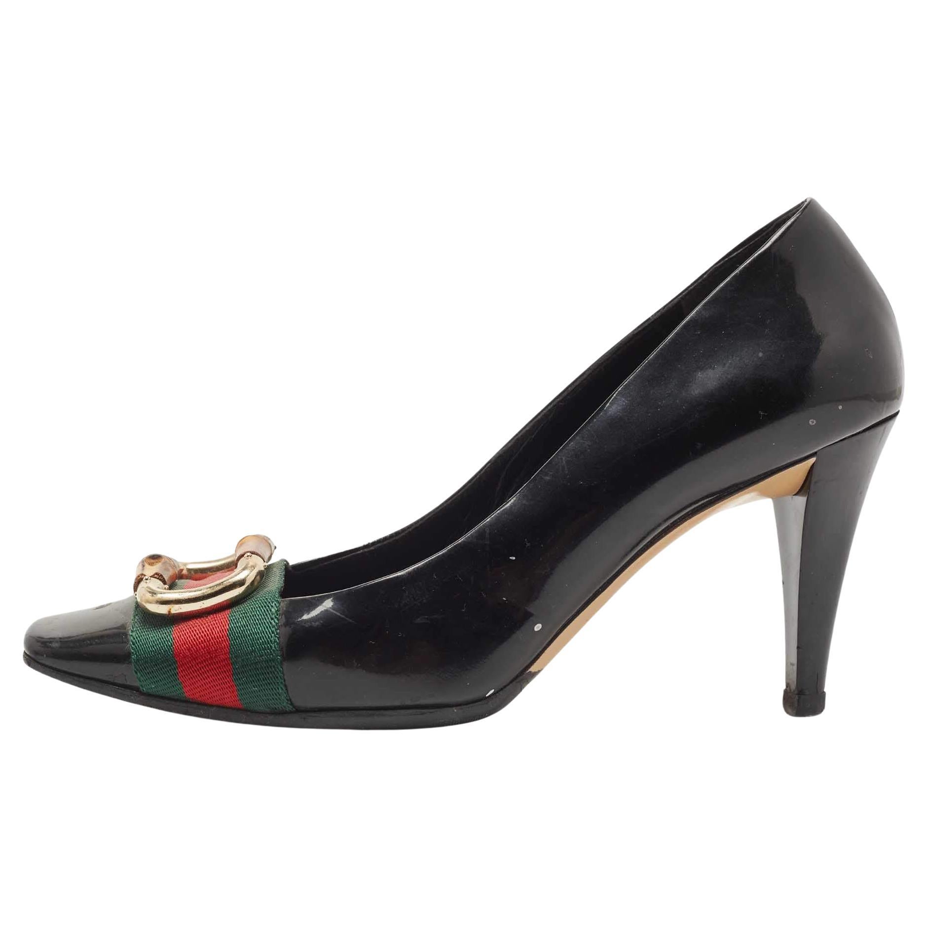 Gucci Black Patent Leather and Canvas Web Bamboo Buckle Pumps Size 36 For Sale