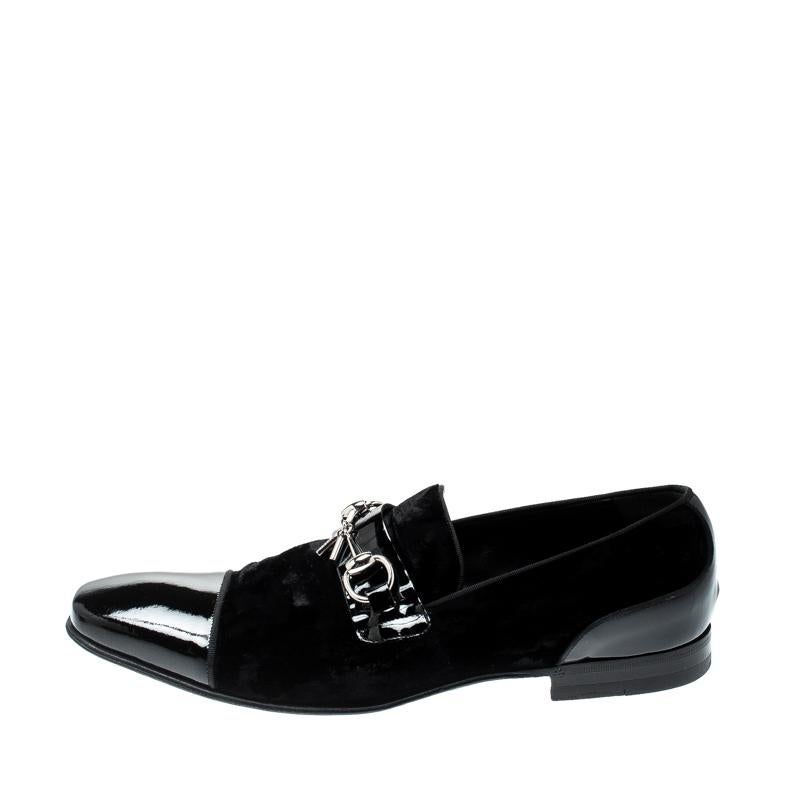 Gucci Black Patent Leather And Velvet Horsebit Loafers 40.5 2