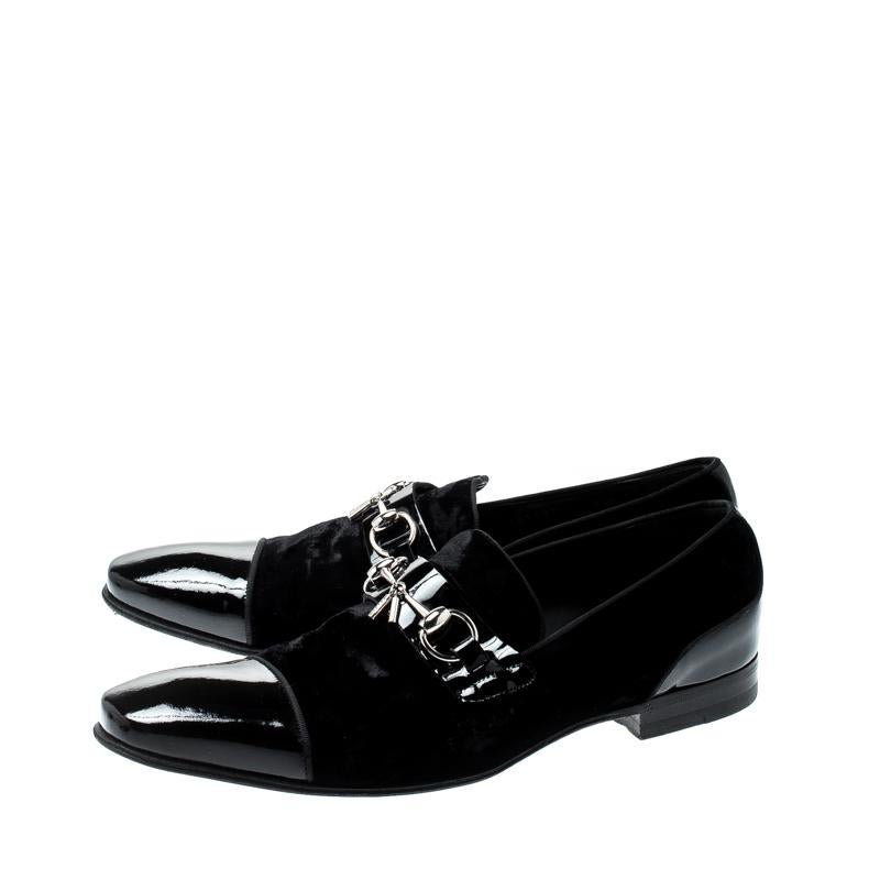 Gucci Black Patent Leather And Velvet Horsebit Loafers 40.5 3