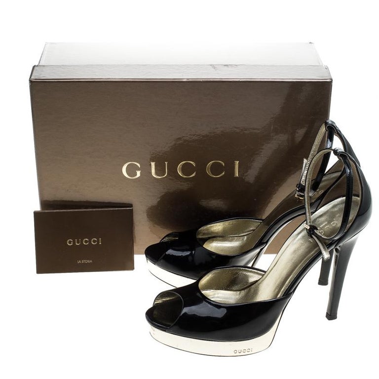 Gucci Black Patent Leather Ankle Strap Peep Toe Platform Sandals Size ...