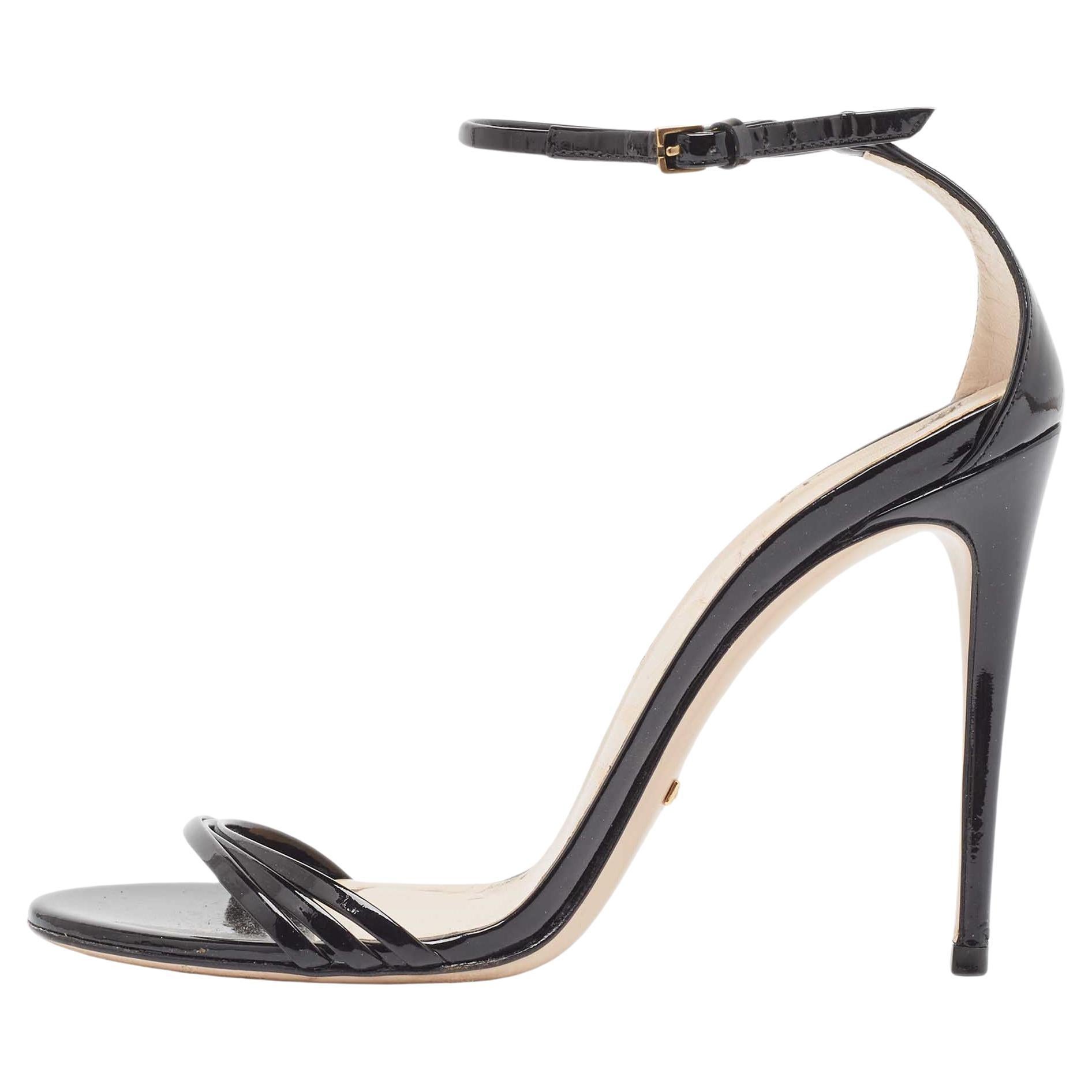Gucci Black Patent Leather Ankle Strap Sandals Size 38 For Sale