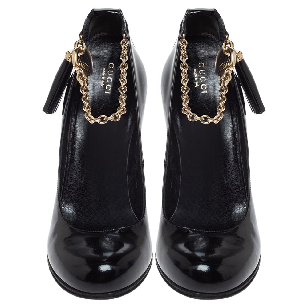 Women's Gucci Black Patent Leather Ankle Strap Tassel Pumps Size 38.5