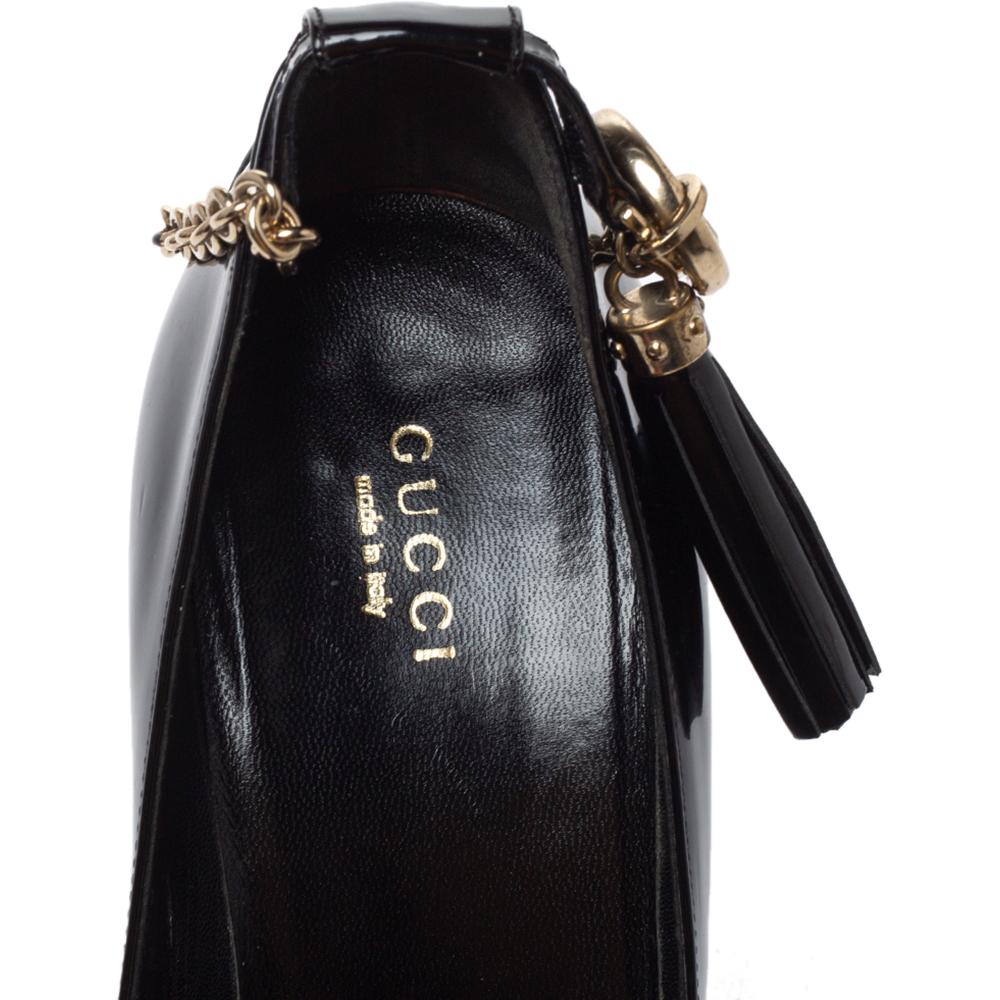 Gucci Black Patent Leather Ankle Strap Tassel Pumps Size 38.5 1