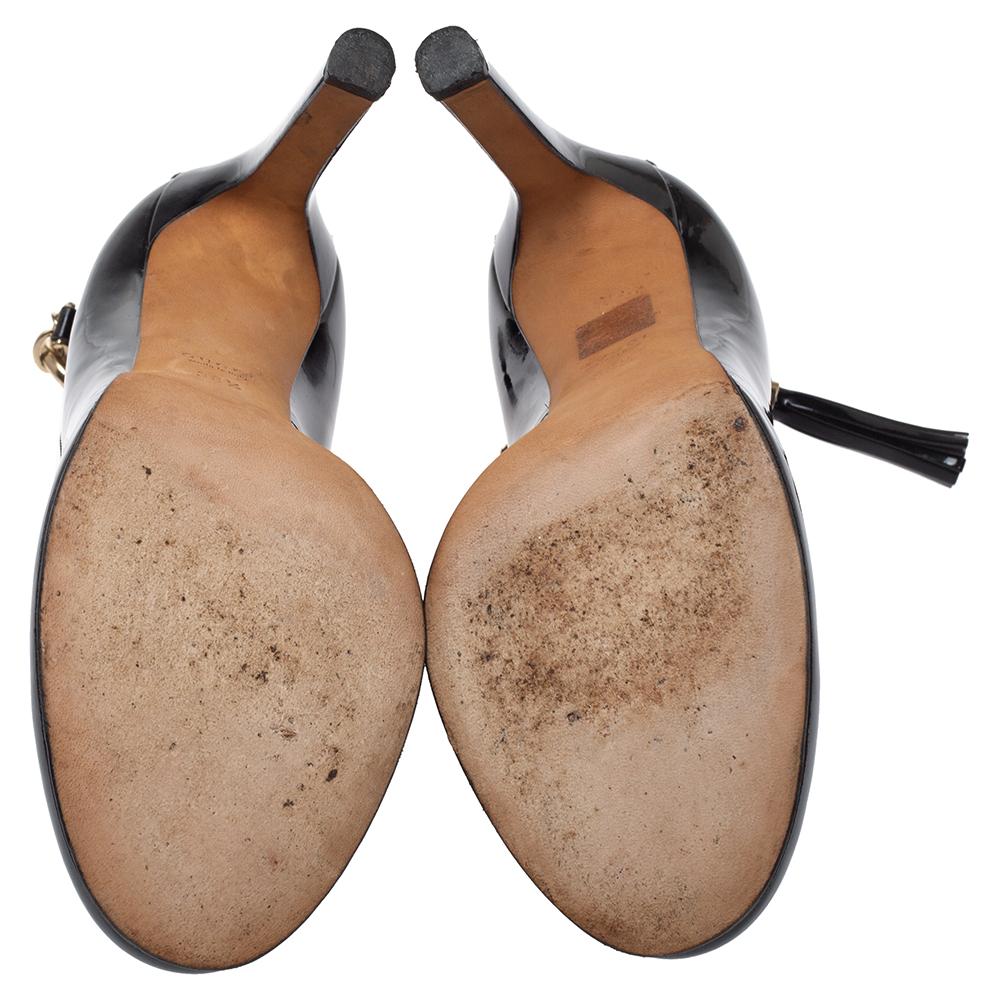 Gucci Black Patent Leather Ankle Strap Tassel Pumps Size 38.5 2
