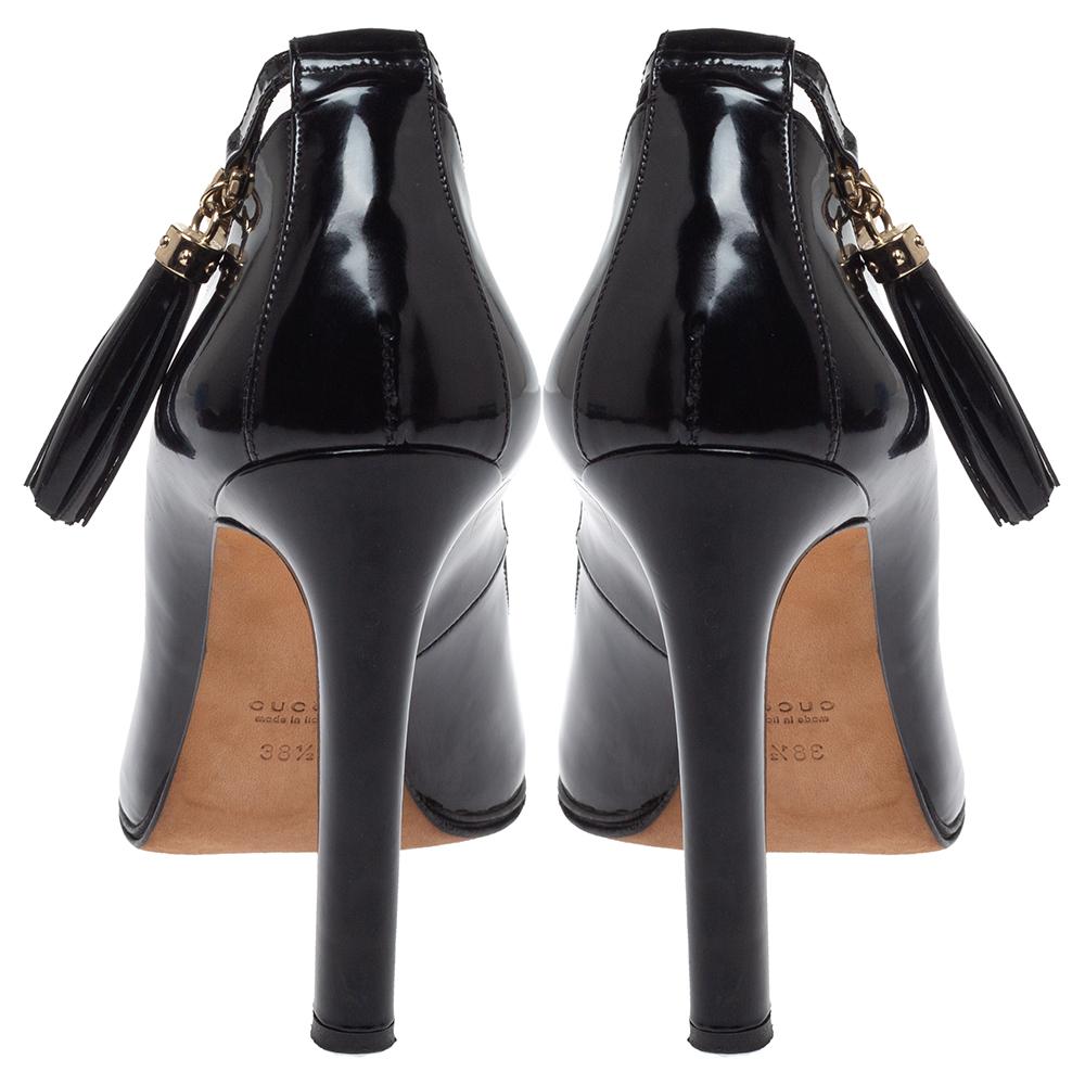 Gucci Black Patent Leather Ankle Strap Tassel Pumps Size 38.5 3