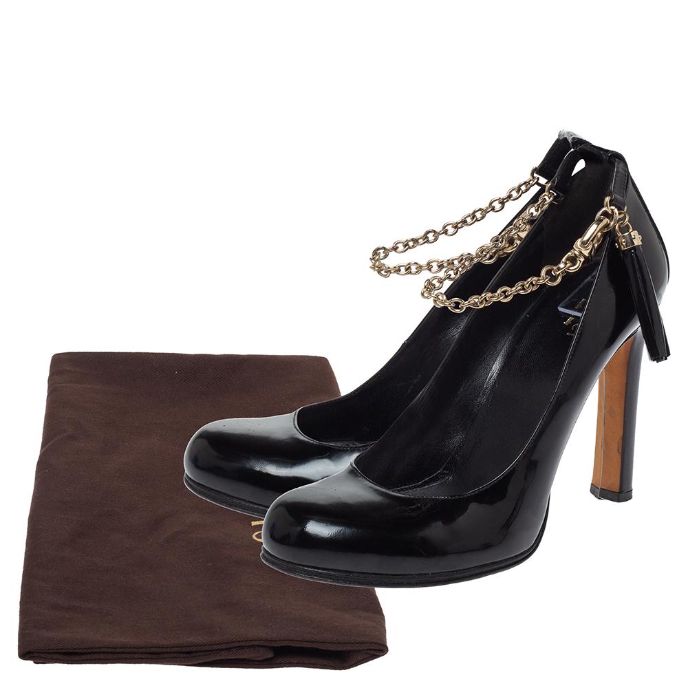 Gucci Black Patent Leather Ankle Strap Tassel Pumps Size 38.5 4