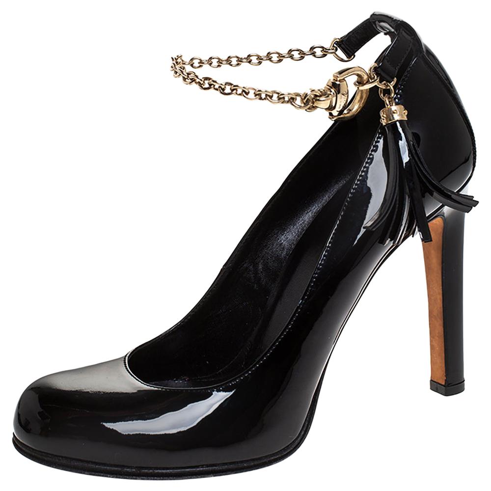 Gucci Black Patent Leather Ankle Strap Tassel Pumps Size 39