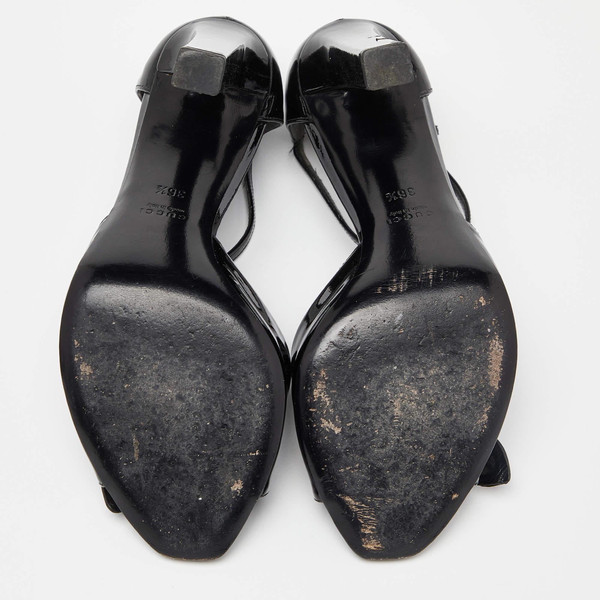 Gucci Black Patent Leather Applique T Strap Sandals Size 36.5 For Sale 3