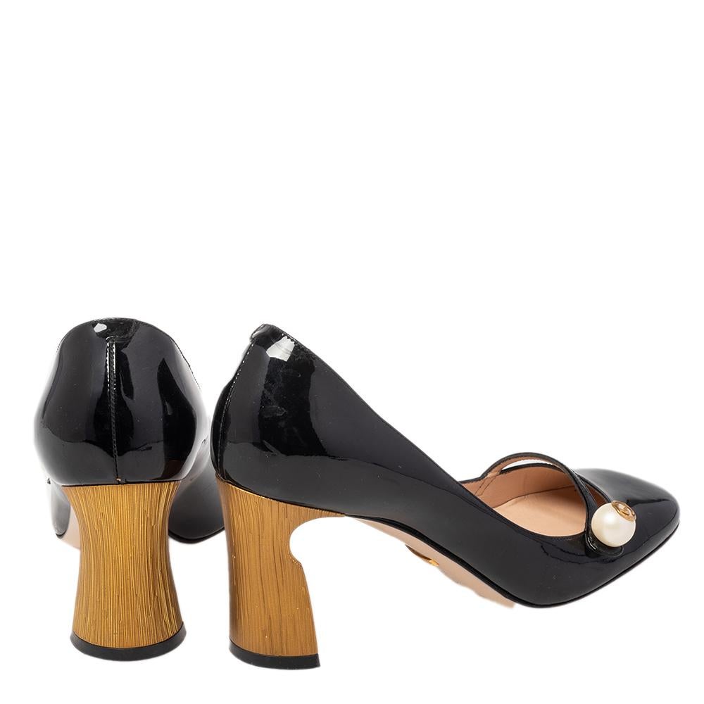 Women's Gucci Black Patent Leather Arille Pearl Pumps Size 37