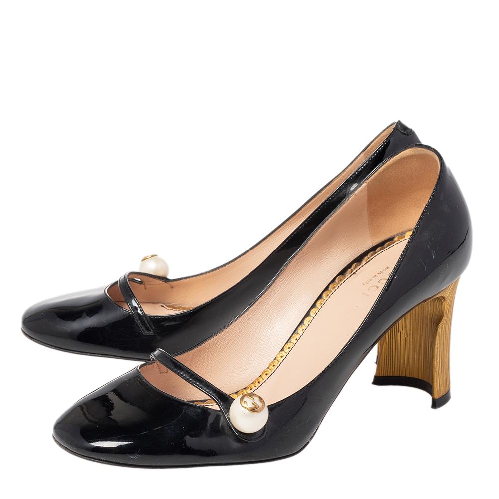 Gucci Black Patent Leather Arille Pearl Pumps Size 37 3
