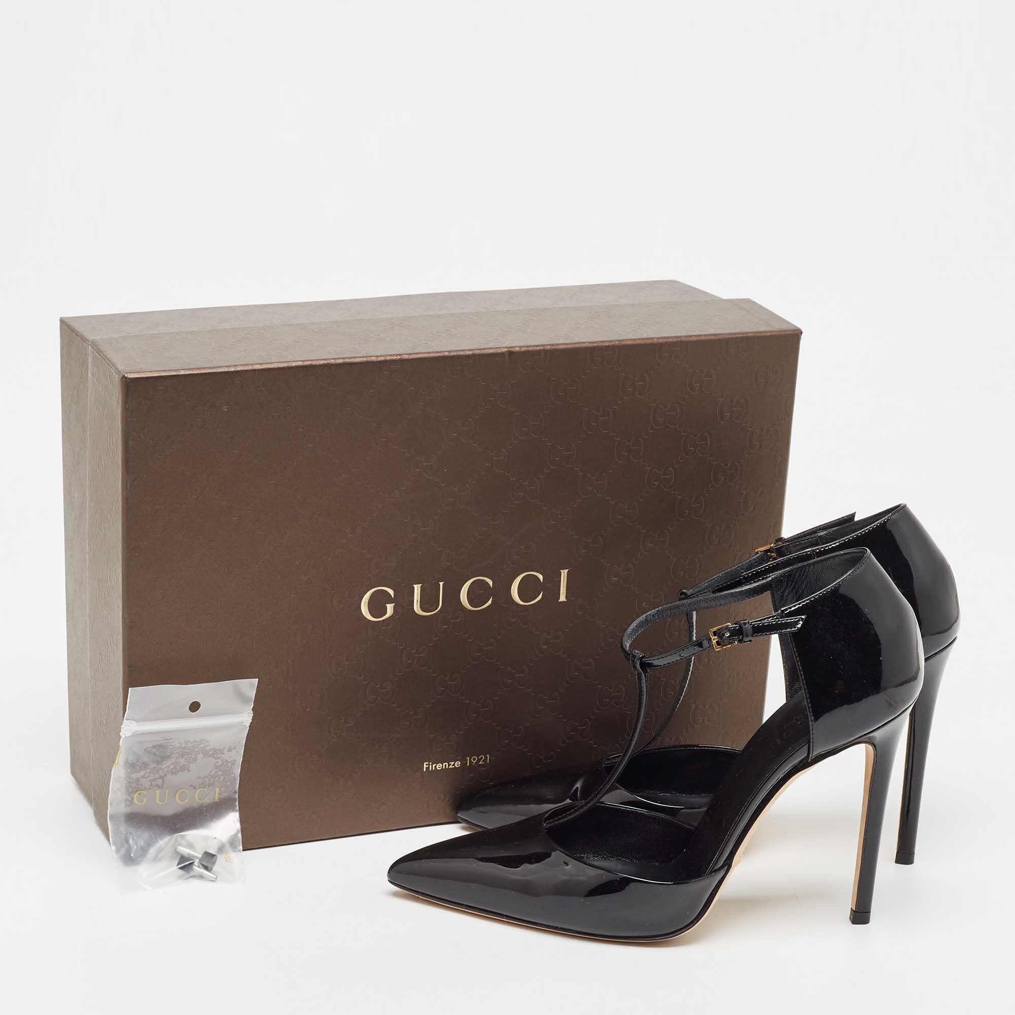 Gucci Beverly T-Riemen-Pumps aus schwarzem Lackleder in Schwarz, Größe 37,5 im Zustand „Gut“ im Angebot in Dubai, Al Qouz 2