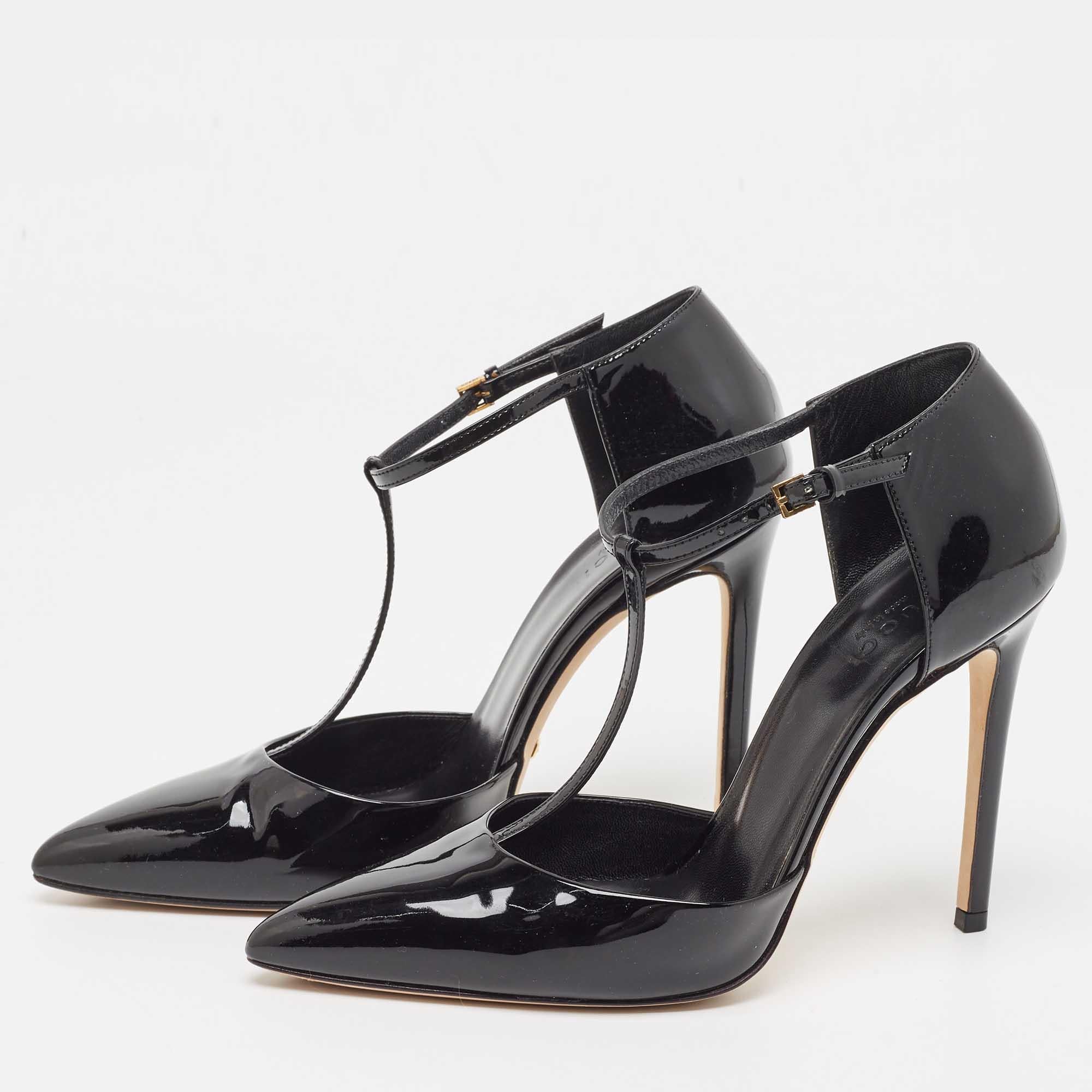 Gucci Beverly T-Riemen-Pumps aus schwarzem Lackleder in Schwarz, Größe 37,5 Damen im Angebot