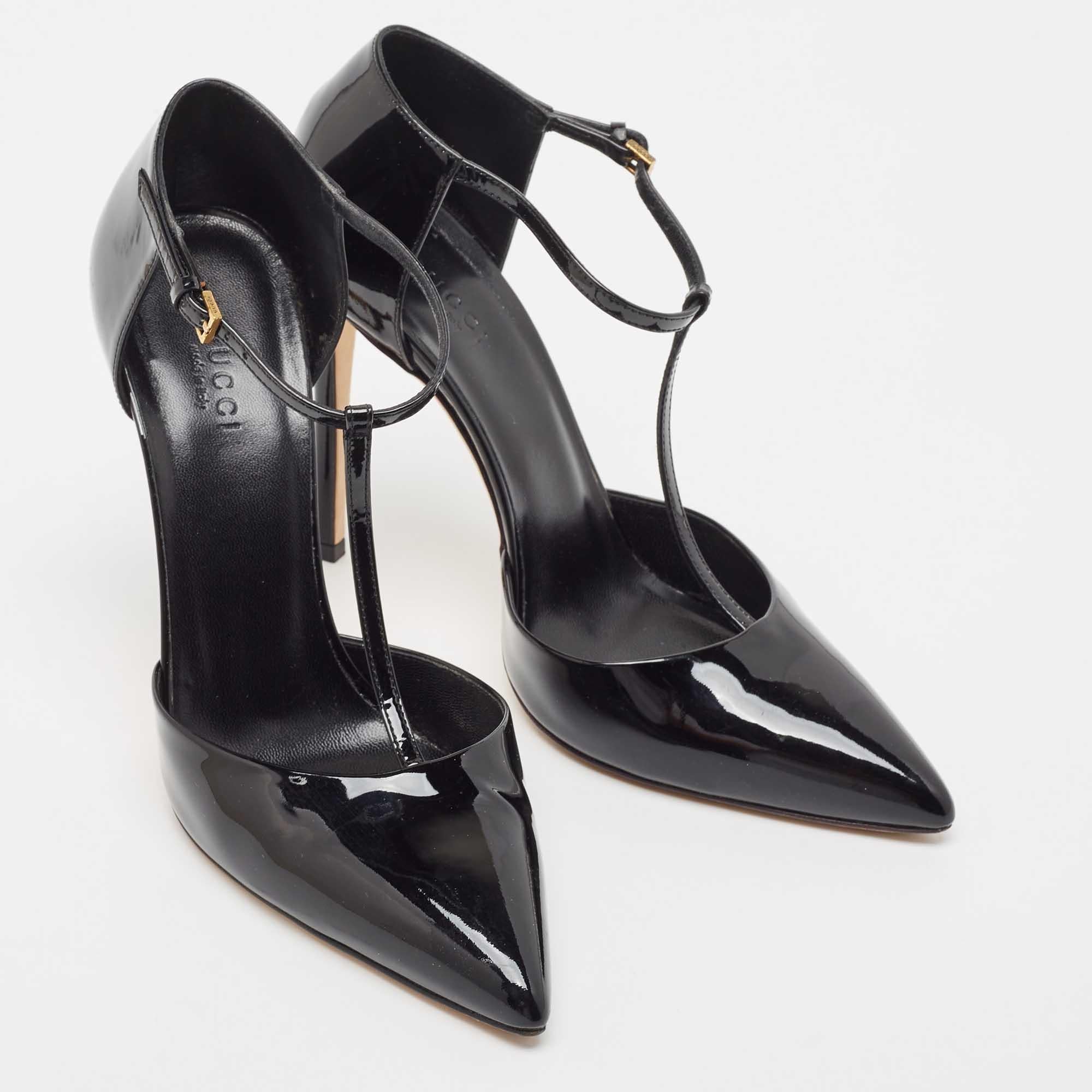 Gucci Black Patent Leather Beverly T-Strap Pumps Size 37.5 For Sale 1