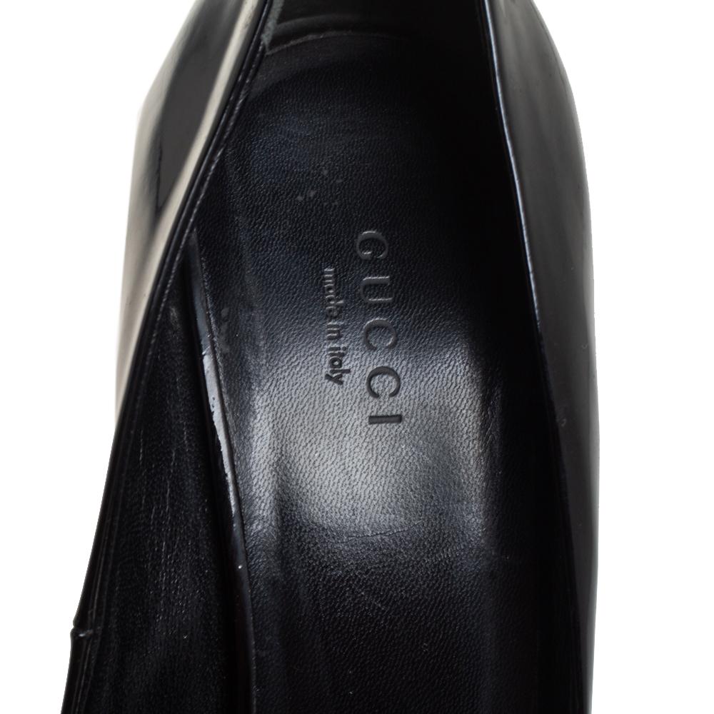 Women's Gucci Black Patent Leather Bow Peep Toe Pumps Size 39.5