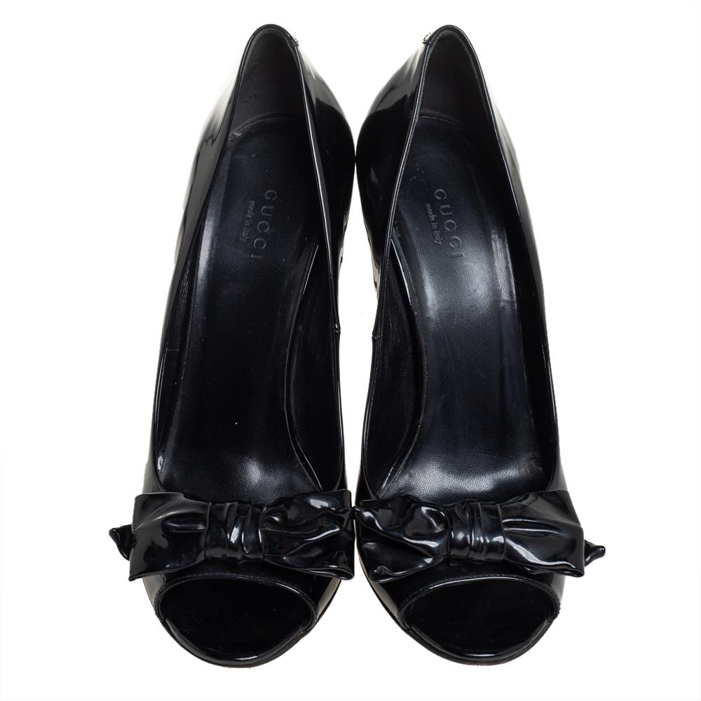 Gucci Black Patent Leather Bow Peep Toe Pumps Size 39.5 1