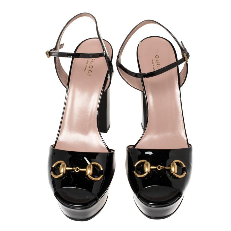 Gucci Black Patent Leather Claudie Horsebit Peep Toe Platform Sandal Size  40 at 1stDibs