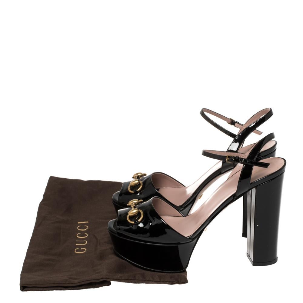 Women's Gucci Black Patent Leather Claudie Horsebit Peep Toe Platform Sandal Size 40