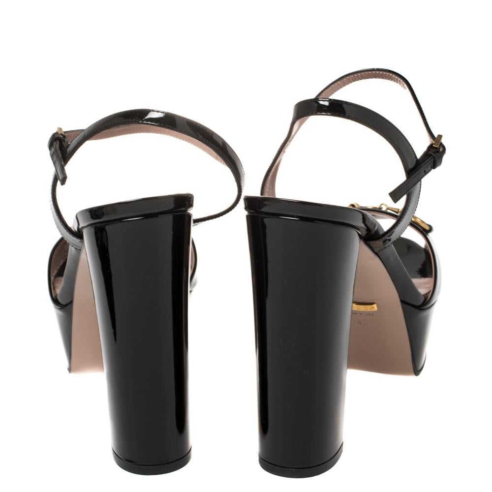 Gucci Black Patent Leather Claudie Horsebit Peep Toe Platform Sandal Size 40 2