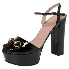 Gucci Black Patent Leather Claudie Horsebit Peep Toe Platform Sandal Size 40
