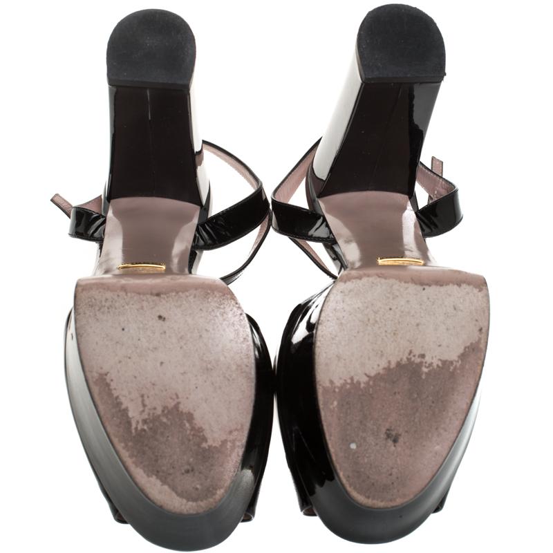 Gucci Black Patent Leather Claudie Horsebit Peep Toe Platform Sandals Size 40 1