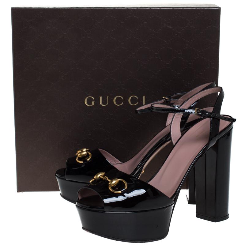 Gucci Black Patent Leather Claudie Horsebit Peep Toe Platform Sandals Size 40 3