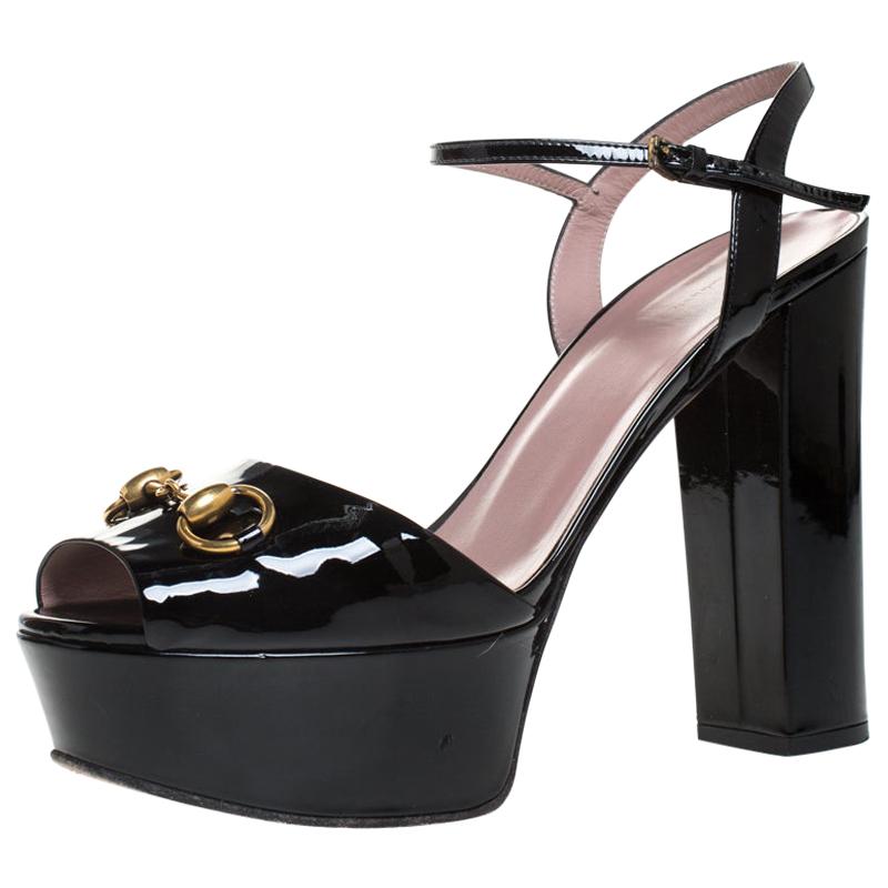 Gucci Black Patent Leather Claudie Horsebit Peep Toe Platform Sandals Size 40