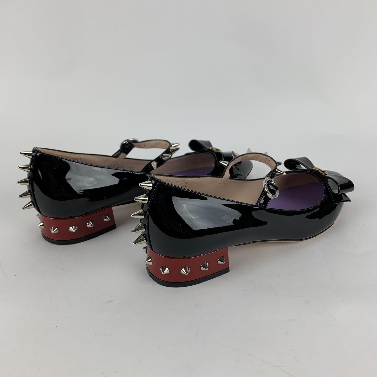 Gucci Black Patent Leather Crystal Bow Spike Sadie Mary Jane Size 40.5 1