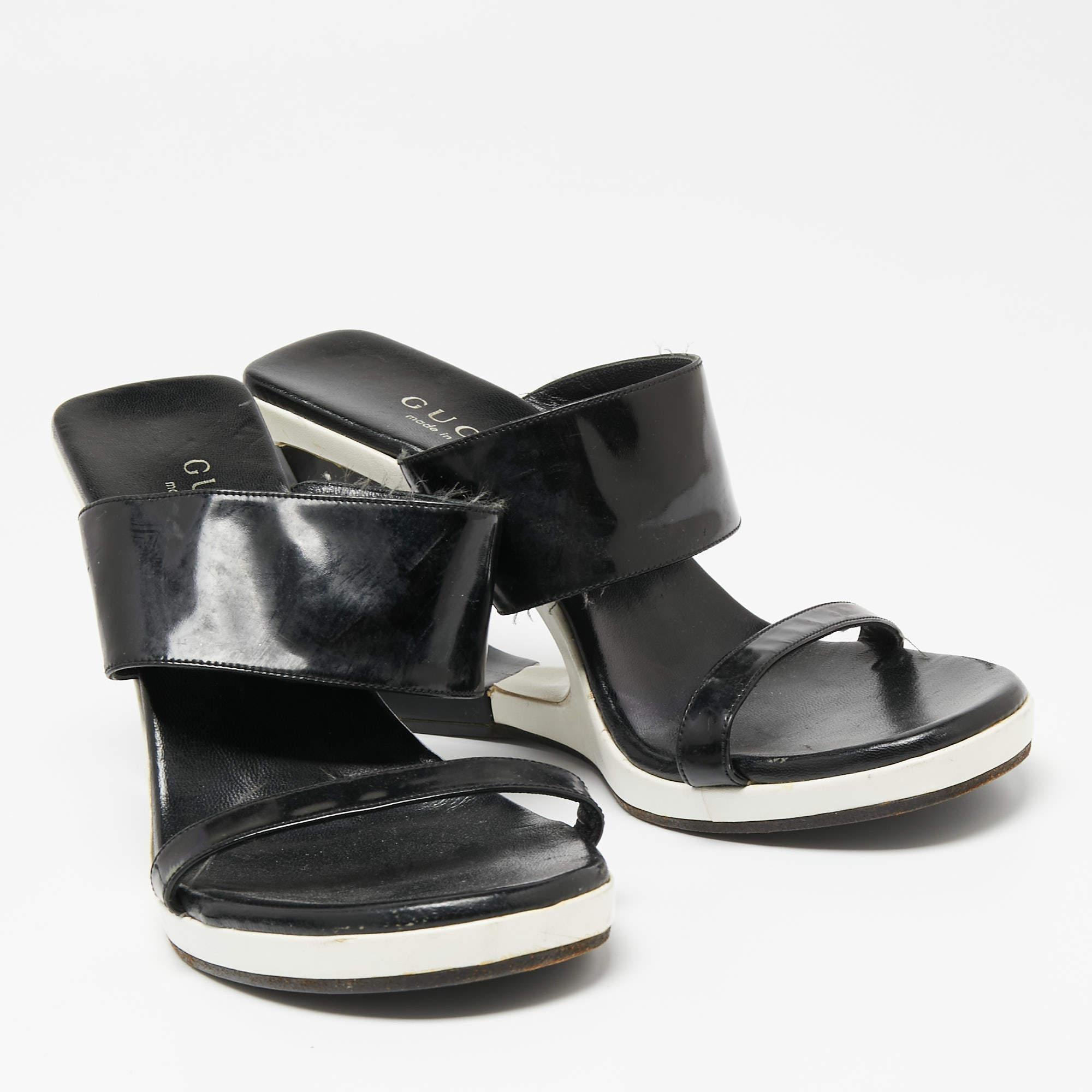 Women's Gucci Black Patent Leather Cut-Out Wedge Slide Sandals Size 38