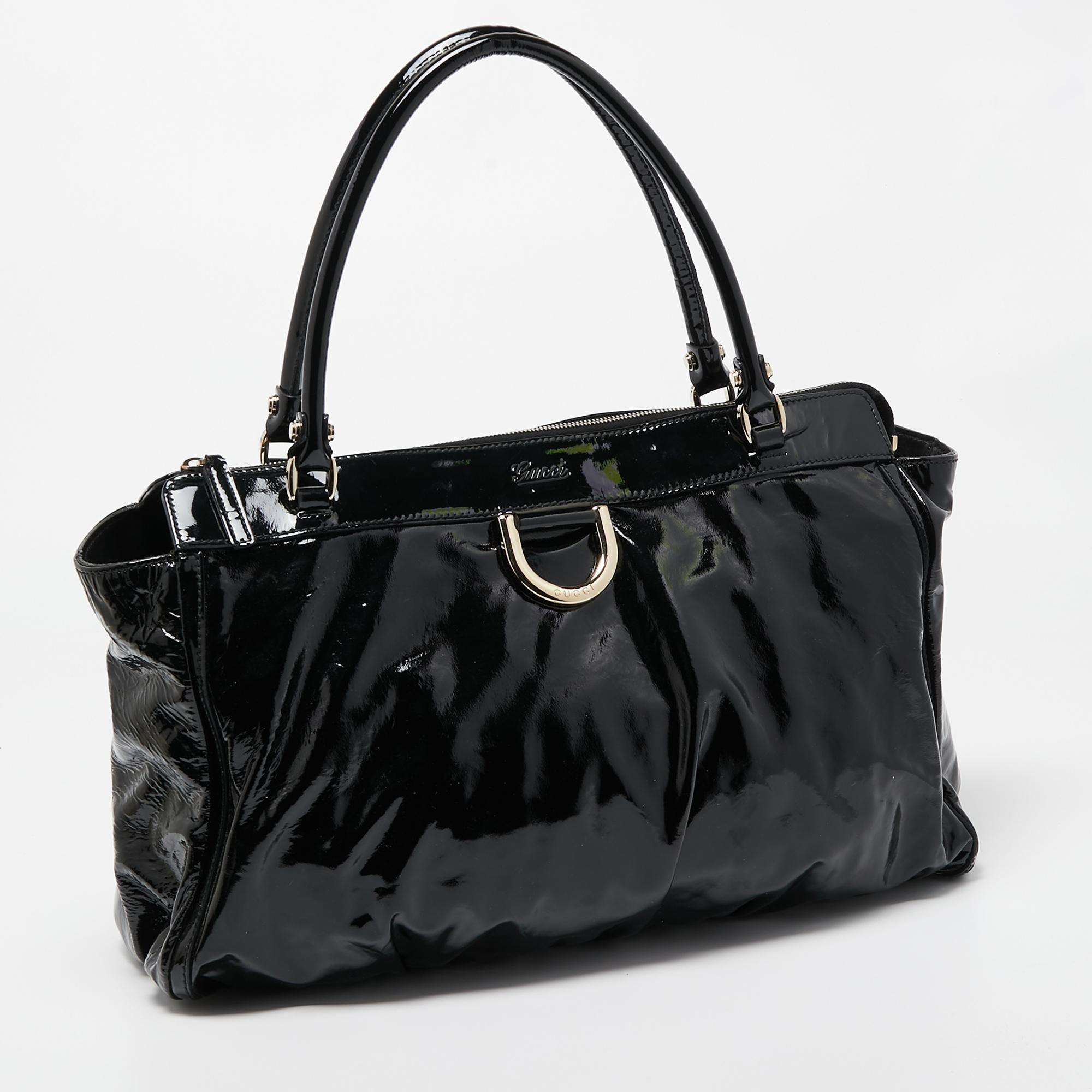 Women's Gucci Black Patent Leather D Ring Tote For Sale