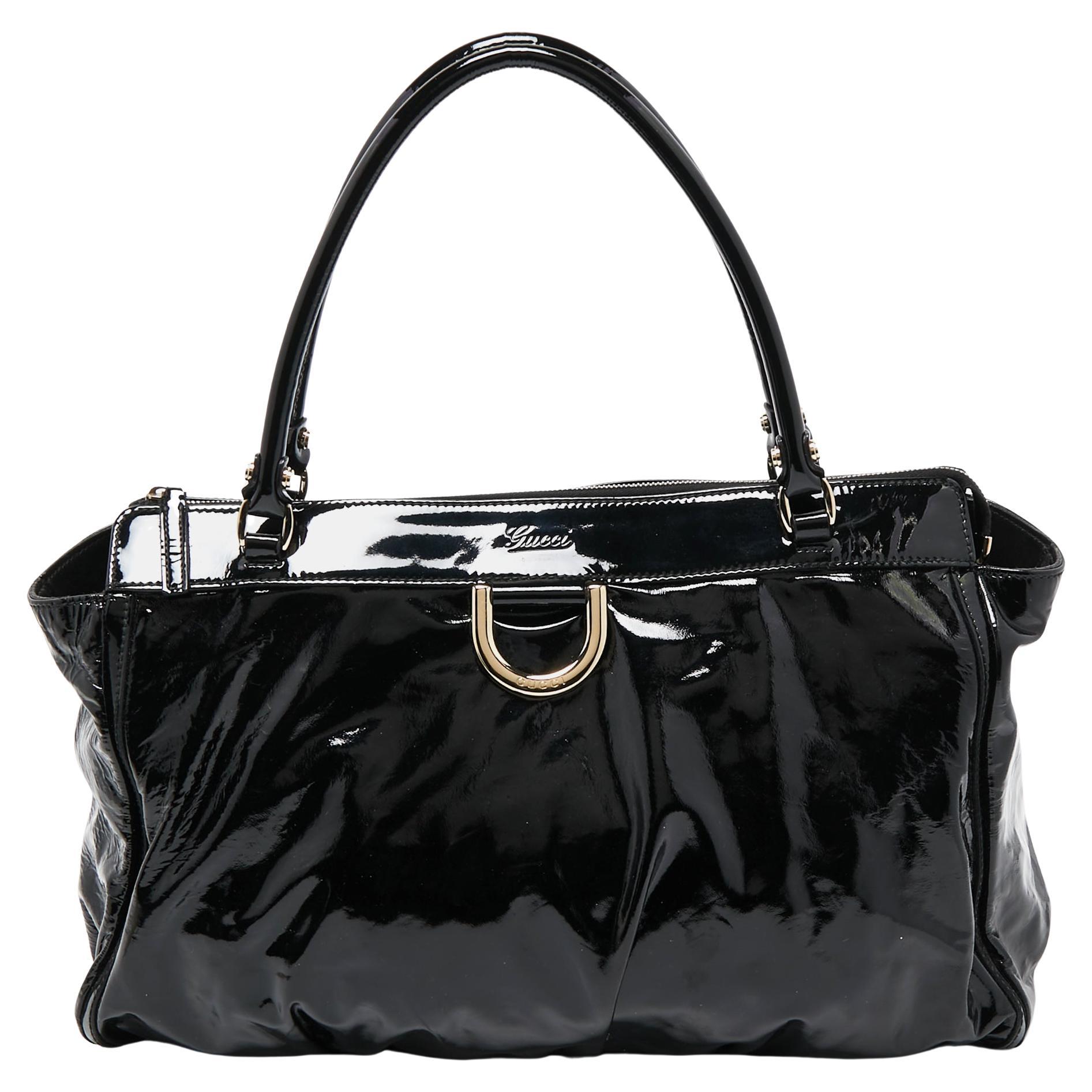 Gucci Black Patent Leather D Ring Tote For Sale