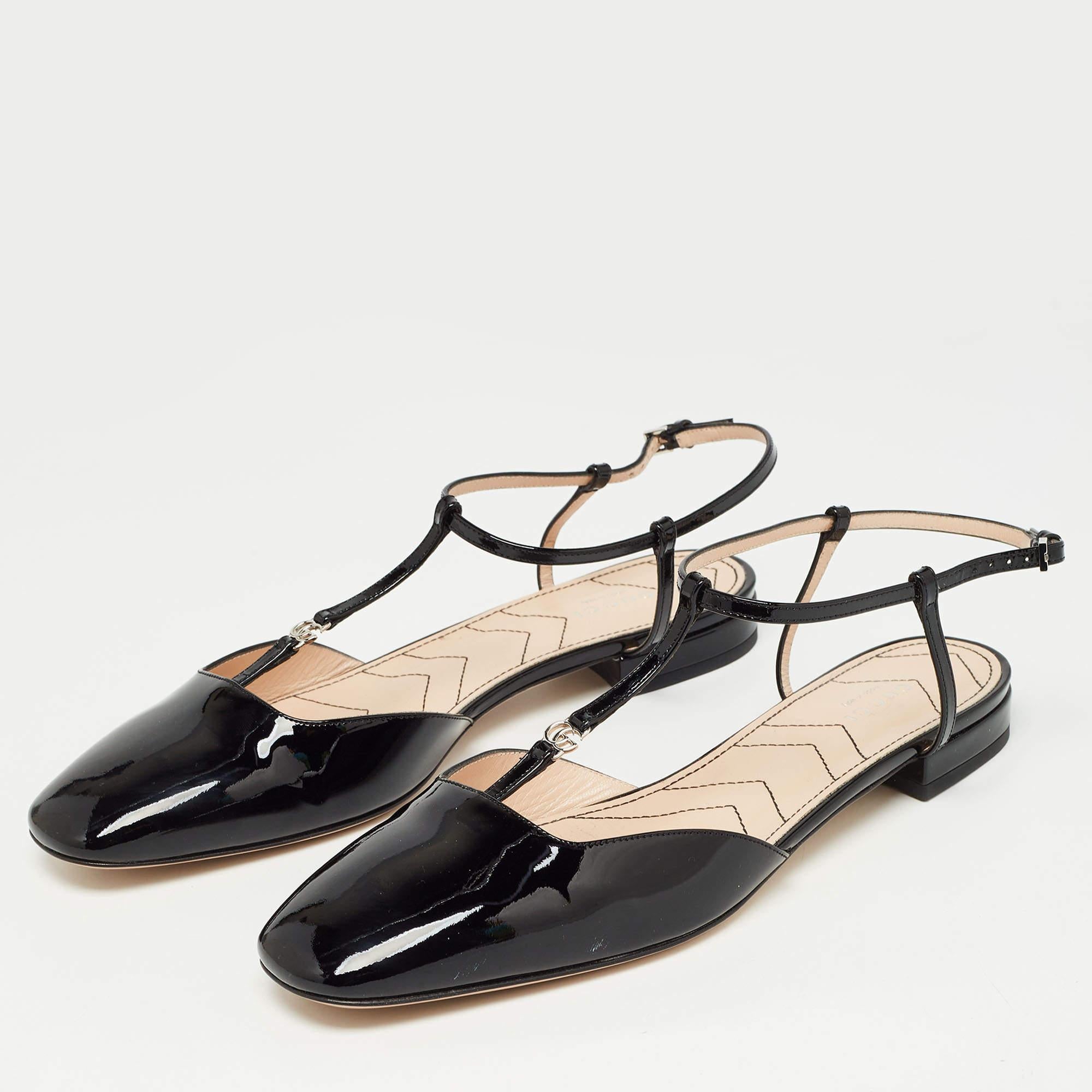 Women's Gucci Black Patent Leather Double G Ballet Flats Size 41 For Sale