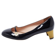 Gucci Black Patent Leather GG Faux Pearl Detail Mary Jane Pumps Size 37.5