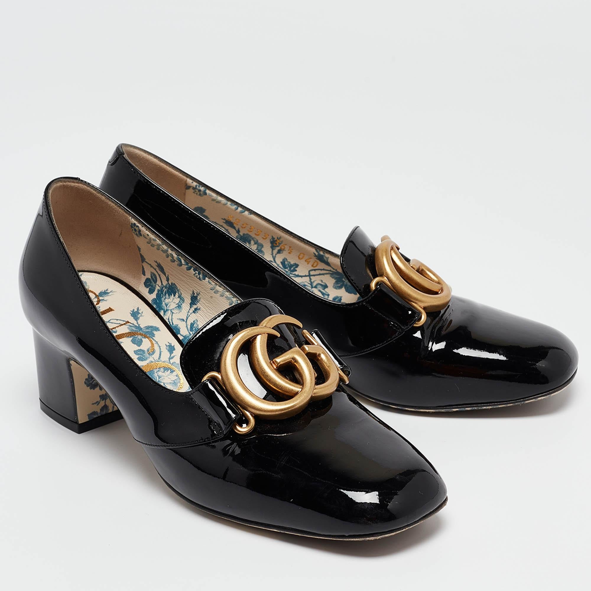 Women's Gucci Black Patent Leather GG Marmont Pumps Size 36.5
