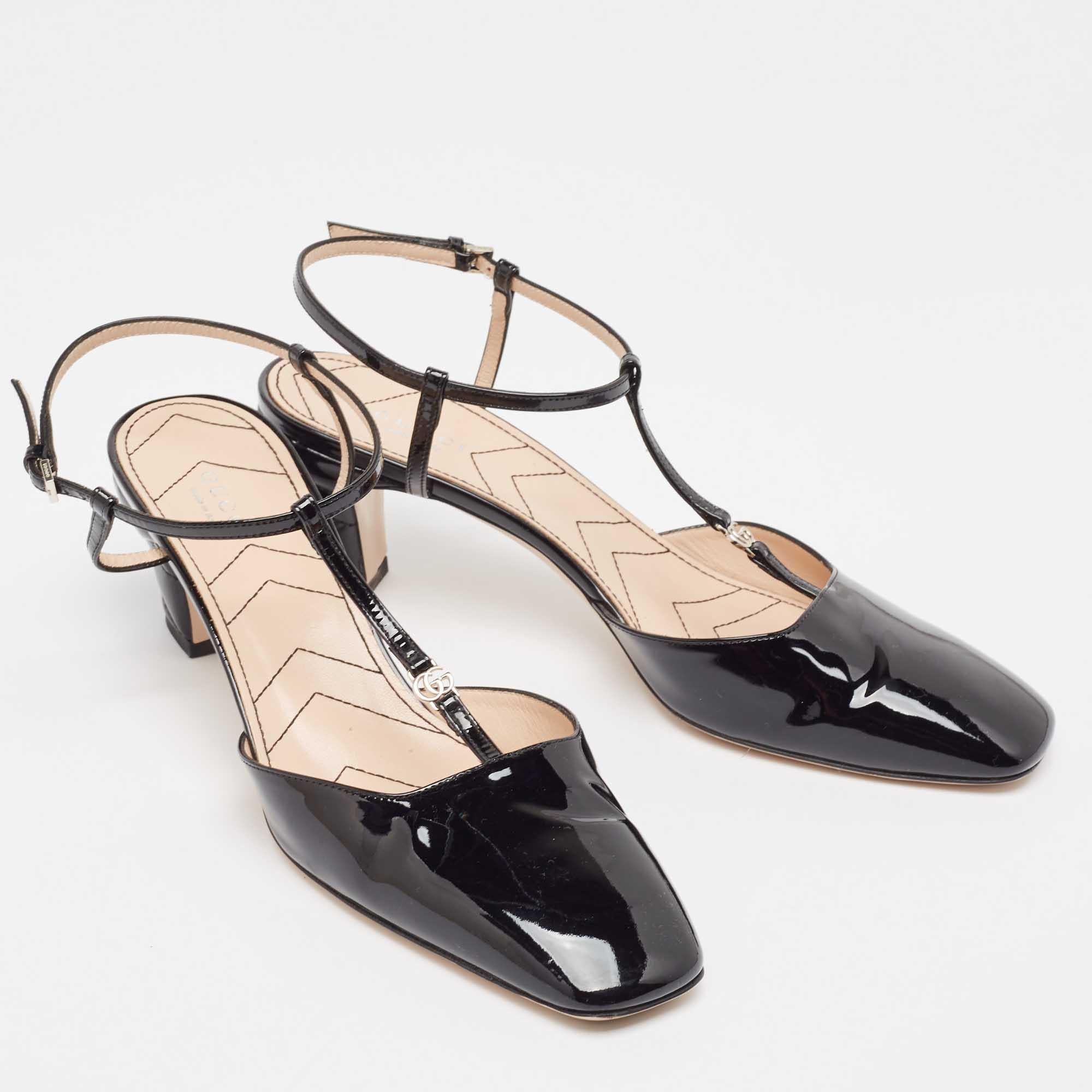 Women's Gucci Black Patent Leather GG Marmont T Strap Pumps Size 40
