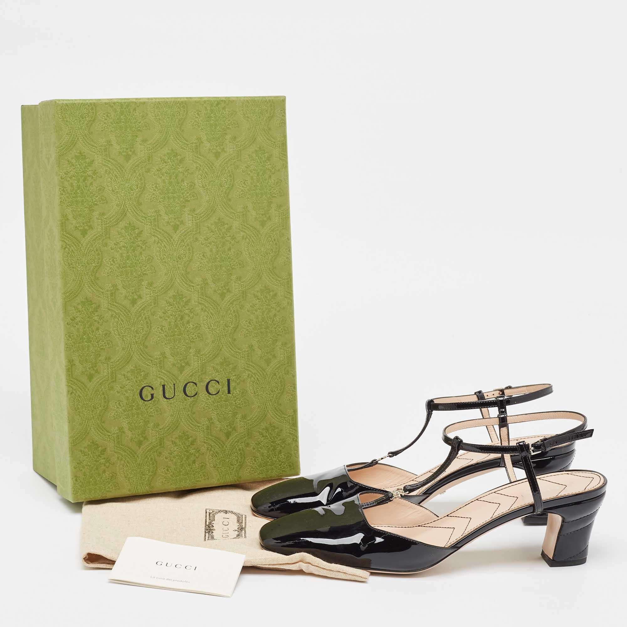 Gucci Black Patent Leather GG Marmont T Strap Pumps Size 40 5
